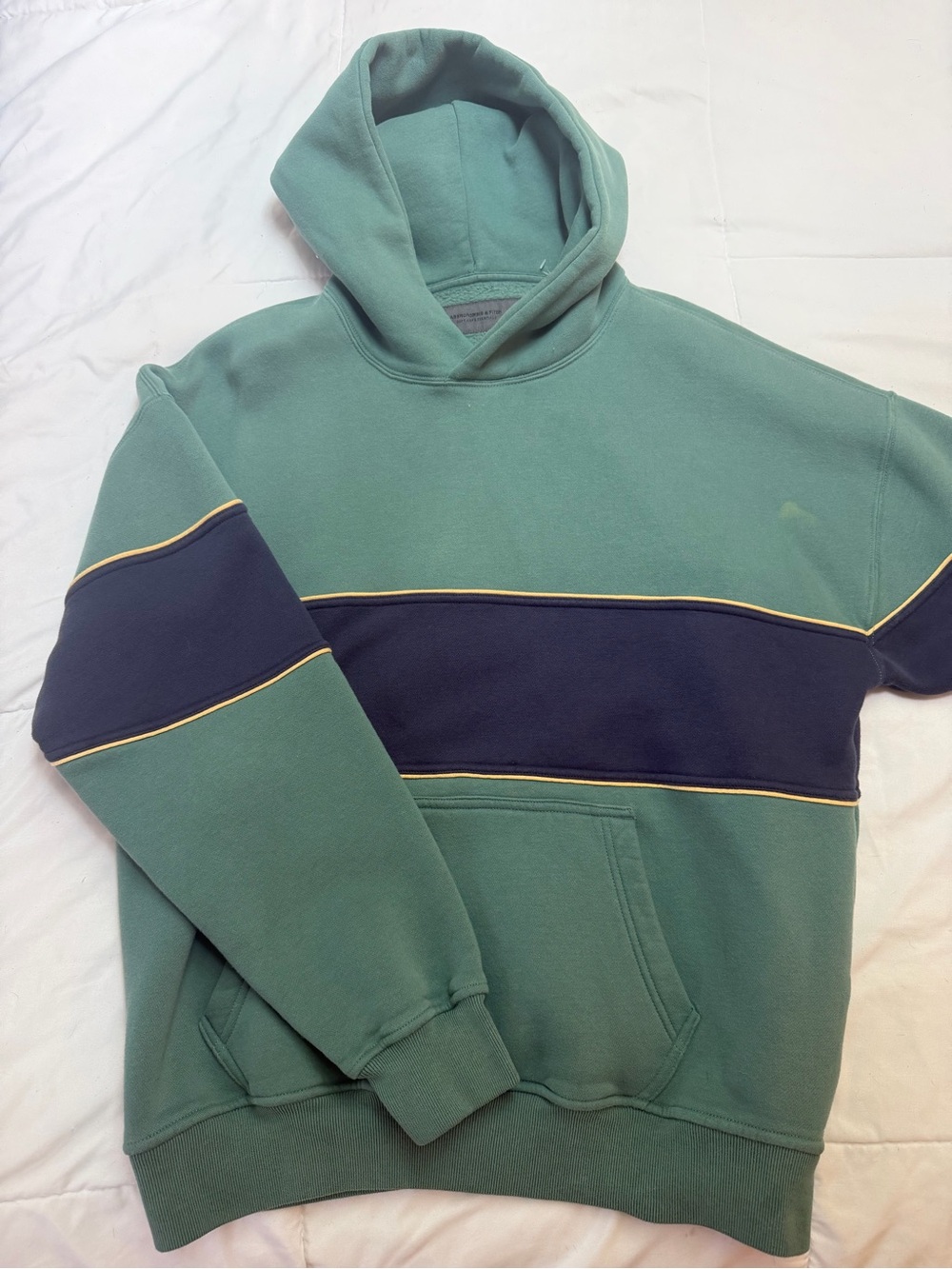 Abercrombie & Fitch Green Hoodie with Navy Chest Stripe and Yellow Piping